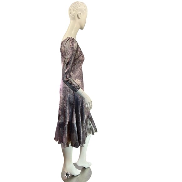 Komarov Dress Gray Silver Mauve Ginko Leaf Print Pleated Hem, Lace Detail $468 M - Picture 7 of 13